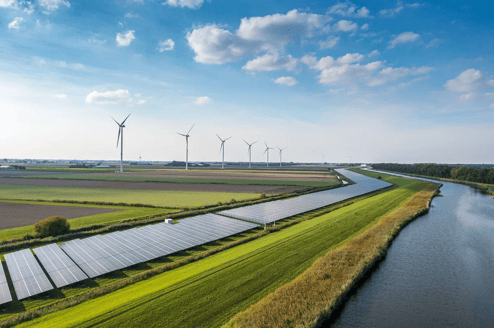 windmolen en zonnepanelen op landerijen