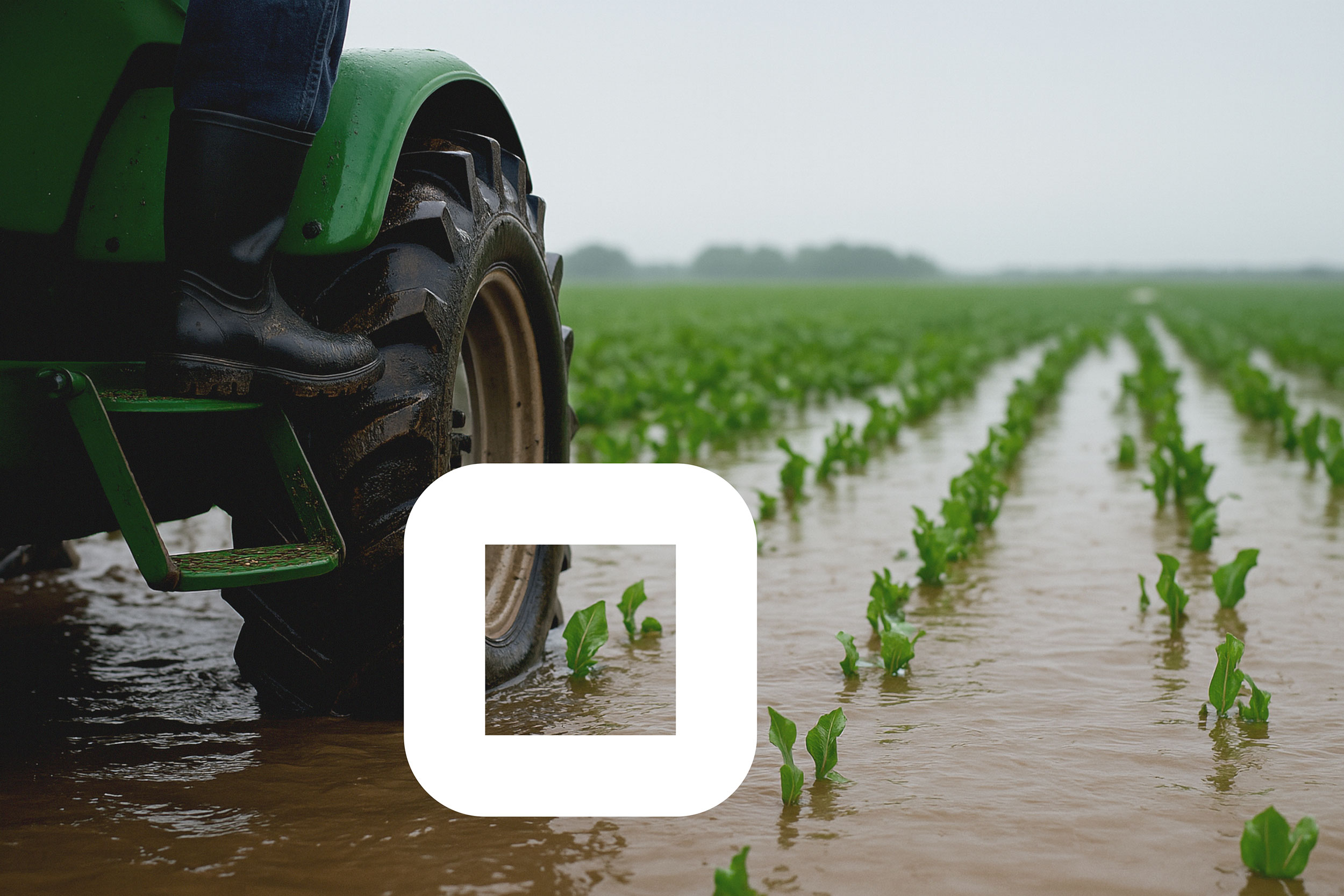 Boer op tractor naast overstroomd veld met jonge gewassen